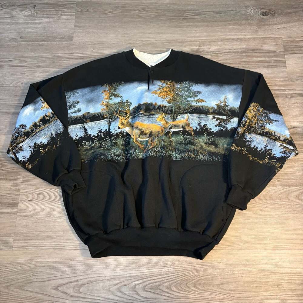 Vintage Art Unlimited Deer Print Henley Sweatshirt